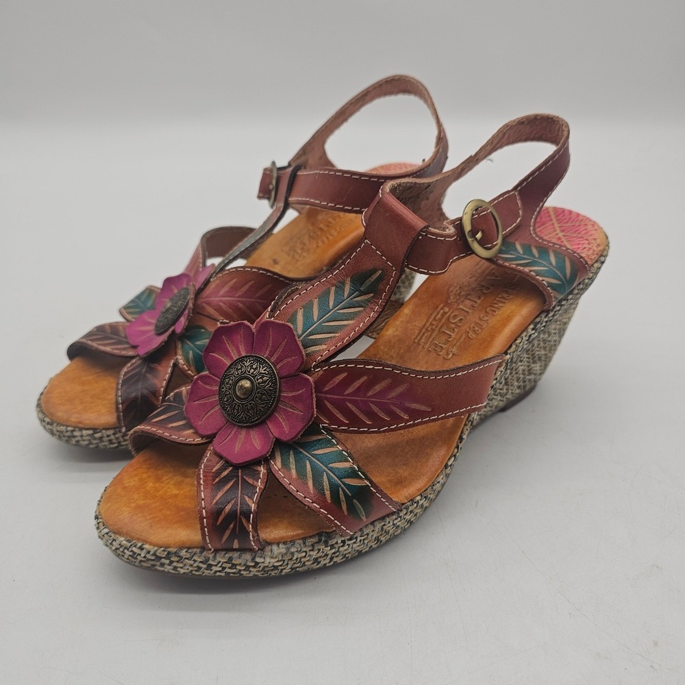 L'Artiste By Spring Step Sandals Womens Size 36/ 6 Brown Leather Floral Wedge